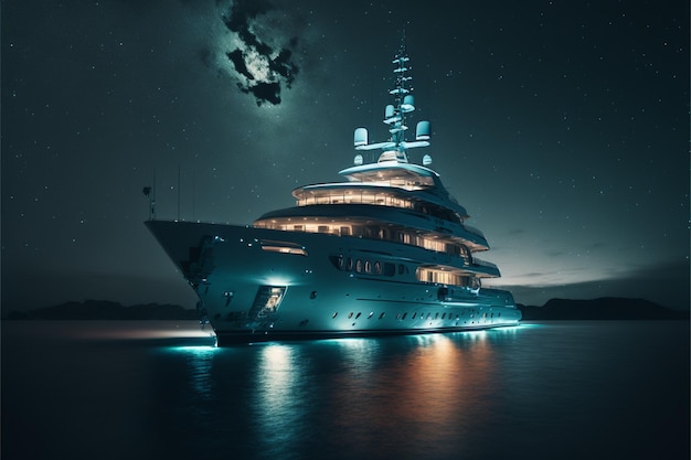 Yacht on the sea at night wide angle