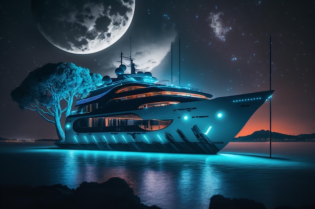 A yacht with a full moon in the background