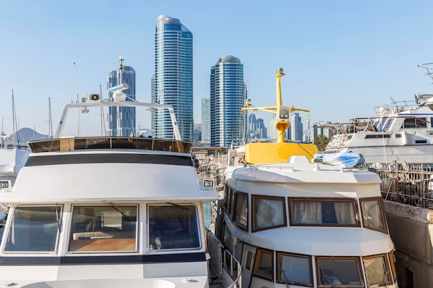 Yachts in the marina against the backdrop of modern skyscrapers on a sunny day Leisure and travel