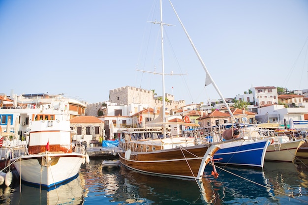 Yachts moored at the pier in the National Park of Turkey The Mediterranean region The famous place between Marmaris and Gocek Yachtingian way of life