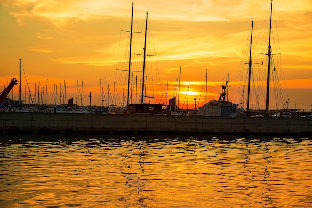 Yachts on the quay Sea sunset time