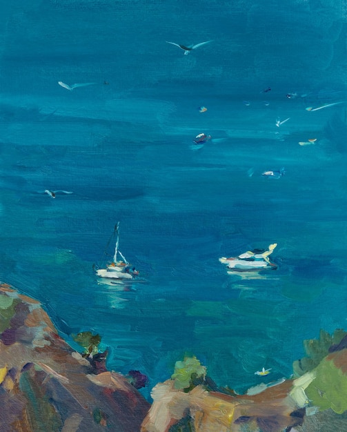 Yachts sea oil painting. Top view of snow-white boats in the turquoise ocean.