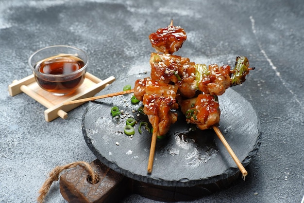 yakitori japanese grilled chiken, close up of chicken yakitori