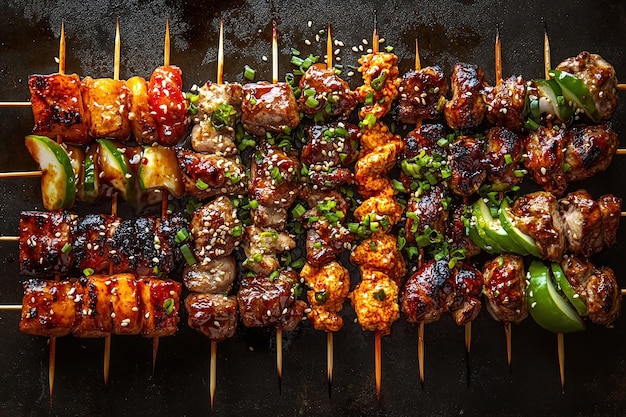 Photo yakitori skewers with grilled vegetables and glazed me