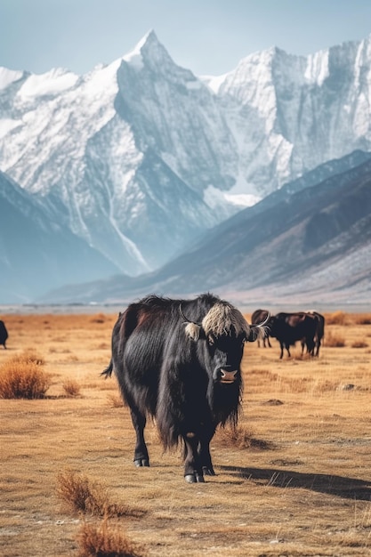 Yaks in a wide expanse of steppe surrounded by snowcapped mountains AI generated