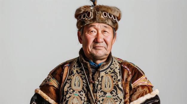 A Yakut man in traditional clothing poses for a portrait