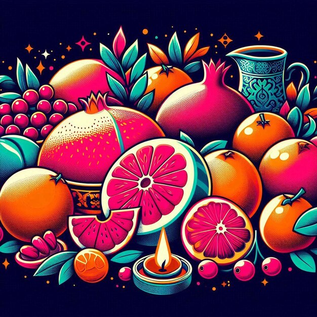 Photo yalda night celebration design festive fruits pomegranates watermelon oranges december 21 persian culture symbolism