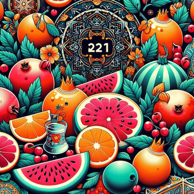 Photo yalda night celebration design festive fruits pomegranates watermelon oranges december 21 persian culture symbolism