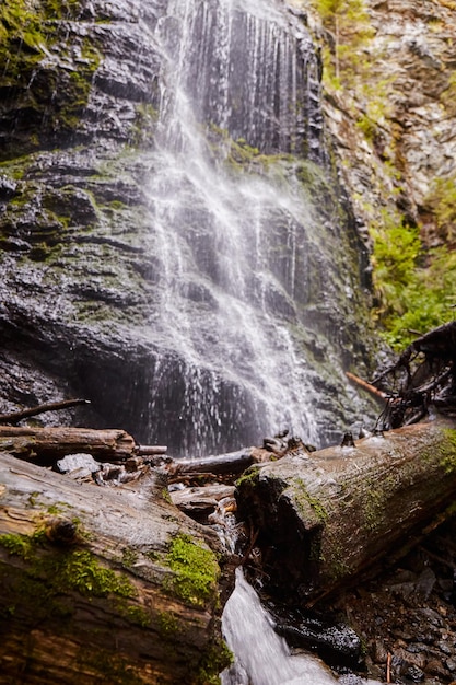 Yalynskiy waterfall in Marmaros region Carpathian Mountain Ukraine Walking and hiking trails in Marmaros ridge Rural area of carpathian mountains in autumn