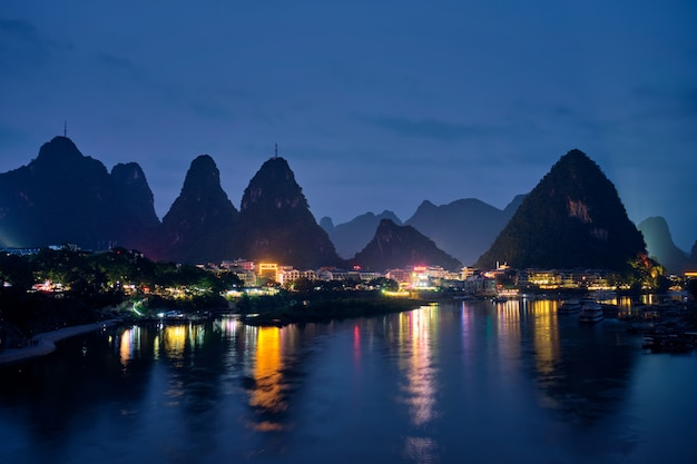 Yangshuo town illuminated in the evening, China