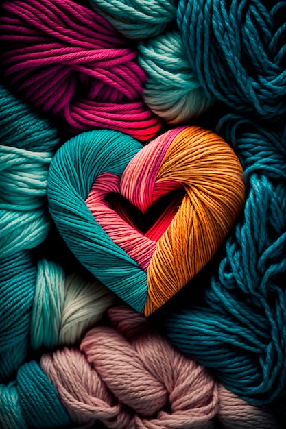 Yarn for knitting multicolored threads in the shape of hearts a lot Generative AI