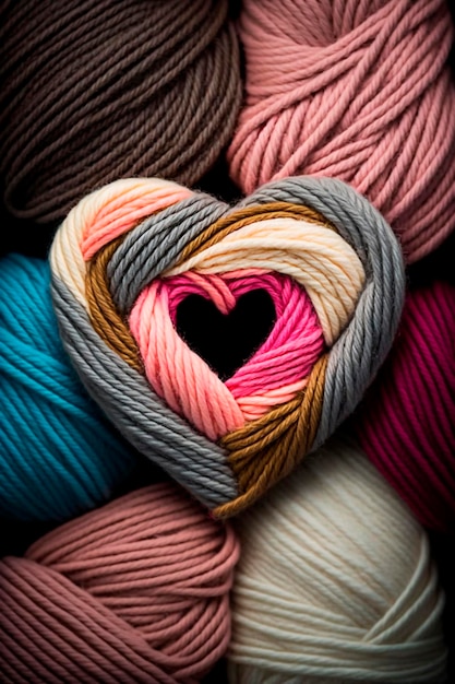 Yarn for knitting multicolored threads in the shape of hearts a lot Generative AI