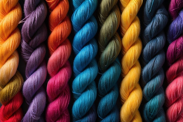 Photo yarn in various colors an aerial view color spectrum every color knitting thread fiber skeins generative ai