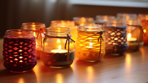 Yarnwrapped jar candle holders casting a warm and cozy glow