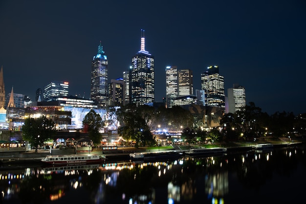 Yarra river and city buildings in evening