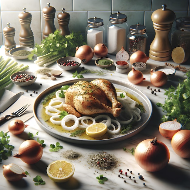 Yassa Chicken Plate with Fresh Herbs on Marble Counter