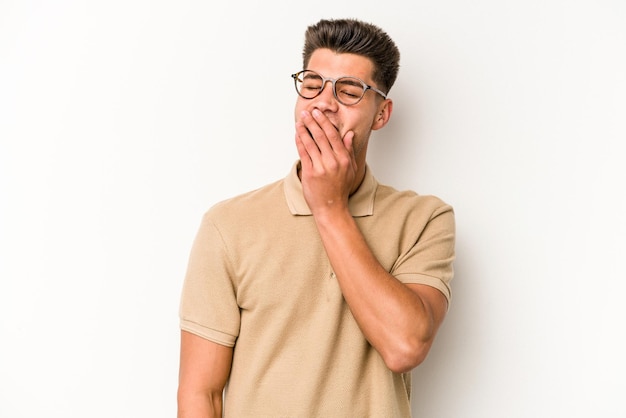 Yawning showing a tired gesture covering mouth with hand