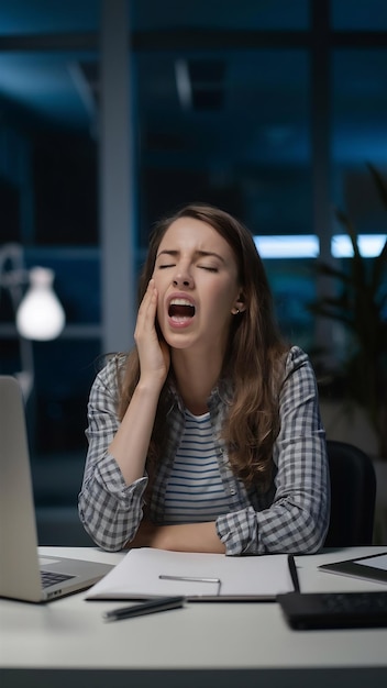 Yawning young woman designer sitting in office at night