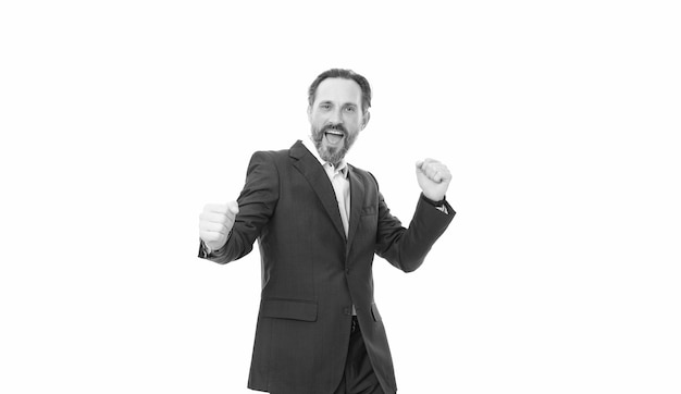 Yay me Happy businessman isolated on white Bearded man celebrate success Celebration of contract Happy celebration Anniversary celebration It calls for celebration copy space