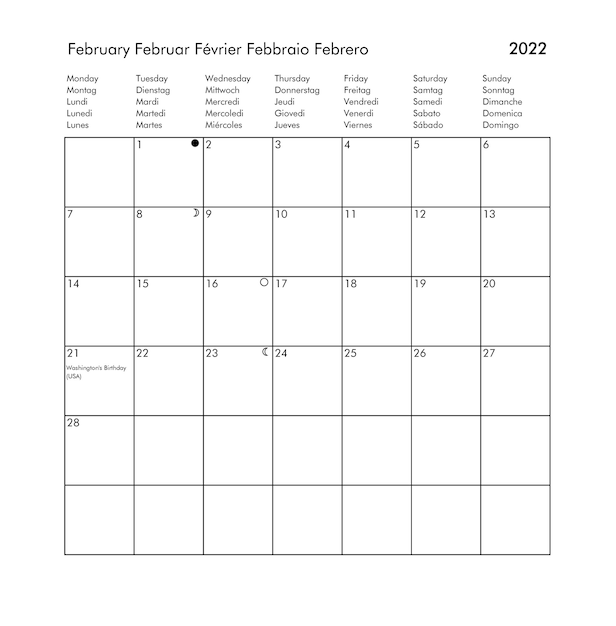 Year 2022 February international calendar with holidays