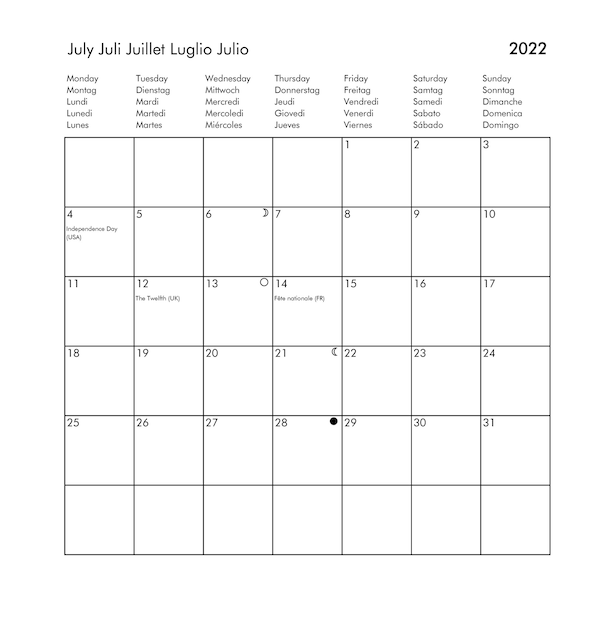 Year 2022 July international calendar with holidays