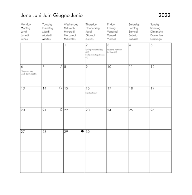 Year 2022 June international calendar with holidays