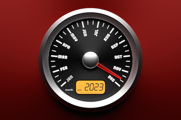 Year 2023 calendar speedometer car on red background Christmas in the automotive field Counting months time until the new yearxA