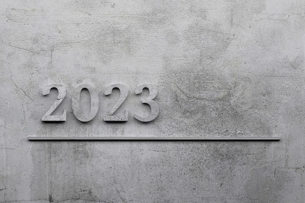 Year 2023 greeting card with concrete year 2023 numbers 3d render