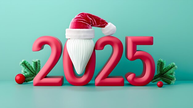 The year 2025 in vibrant red adorned with a classic Santa hat and flanked by green pine branches and red ornaments on a teal background