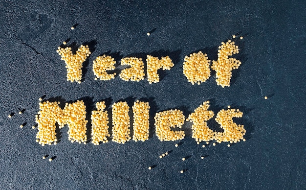 Year of millets text with grain on dark background