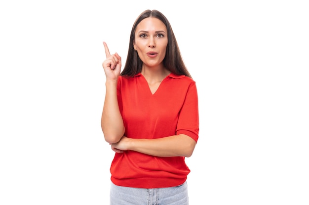 Photo year old cunning caucasian woman with straight dark hair dressed in a red short sleeve shirt keeps