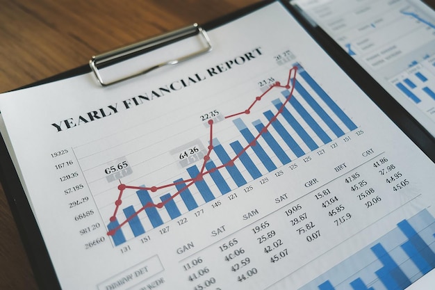 Photo yearly financial report chart with years data statistics company progress and growth by year