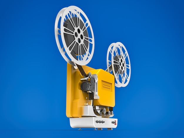 Yellow 3d cinema film projector isolated on blue background. 3d rendering.