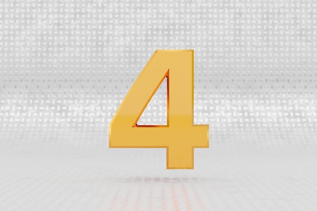 Yellow 3d number 4. Glossy yellow metallic number on metal floor background. Shiny gold metal alphabet with studio light reflections. 3d rendered font character.