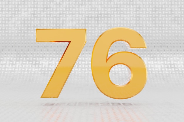 Yellow 3d number 76. Glossy yellow metallic number on metal floor background. Shiny gold metal alphabet with studio light reflections. 3d rendered font character.