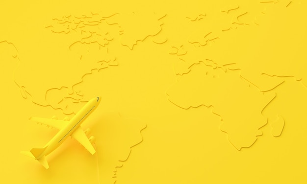 Yellow 3d plane on the surface of the world map. Travel and minimal idea concept. 3d rendering