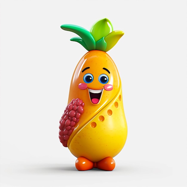 A yellow 3D rendered fruit figure with a smiling