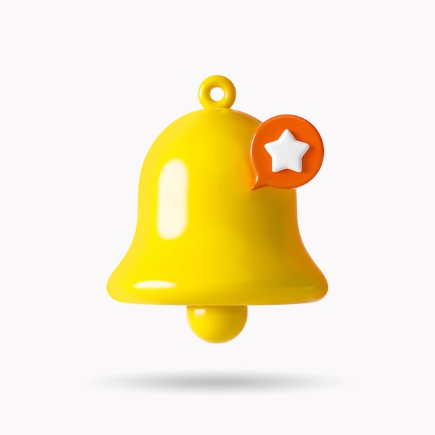 Yellow alarm bell 3d icon rating star isolated on white background with customer feedback support review shopping rate or notification success business service and alert message assistance reminder