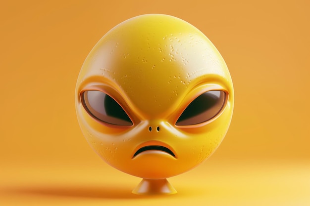 Photo yellow alien emoji showing disapproval with frowning mouth on orange background