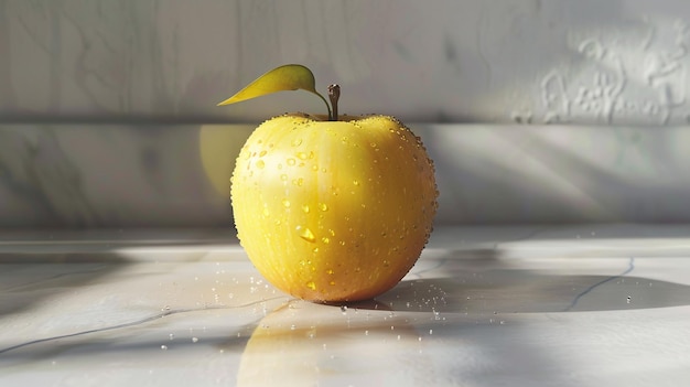 a yellow apple with water droplets on it and a water droplet on it