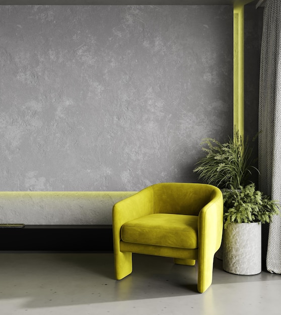 Yellow armchair in modern interior with neon lighting 3d rendering