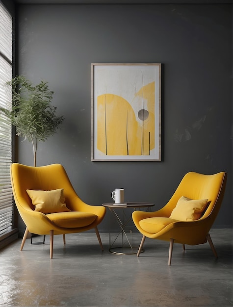 Yellow armchairs and big mock up poster frame on the gray wall