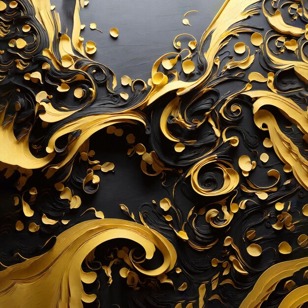 Yellow artistic curly abstract paint colors artwork on a dark black background