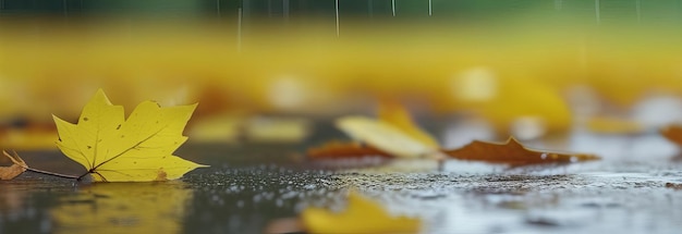 Photo yellow autumn leaves lying on asphalt during rain