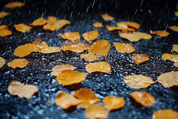 Photo yellow autumn leaves in puddle under rain