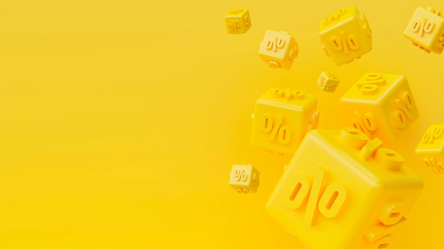 Yellow awesome background 3D render cubes with percentages for sale banners