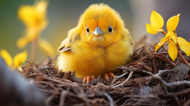 a yellow baby bird sits in a nest with yellow flowers