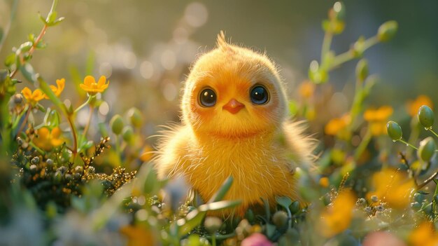 a yellow baby chicken is sitting in a field of flowers