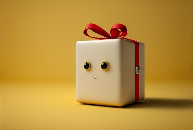 On a yellow backdrop a white present box with a red ribbon character mascot is displayed