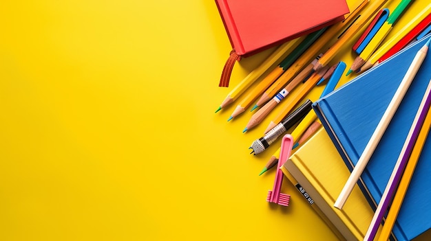 Photo yellow backdrop with books and pencils neatly arranged for school ads